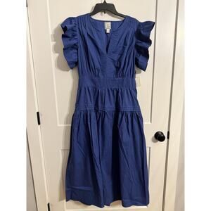 LÉA Dress Sz L Blue Cotton Ruffle Sleeve Tiered Maxi Pockets Sundress Summer